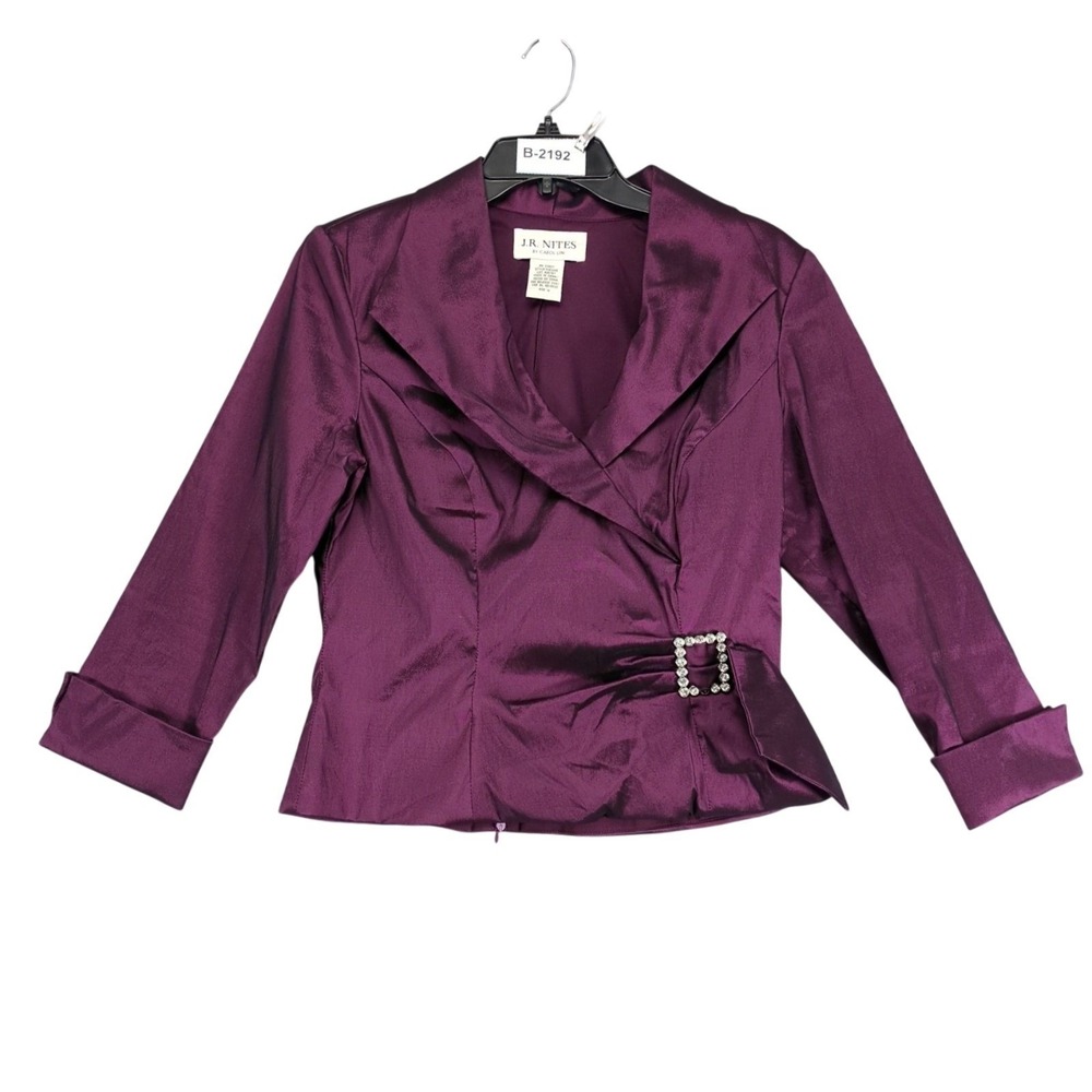 Vintage 90s JR Nites Purple Satin Blouse Womens 12 Rhinestone Buckle Glam Party